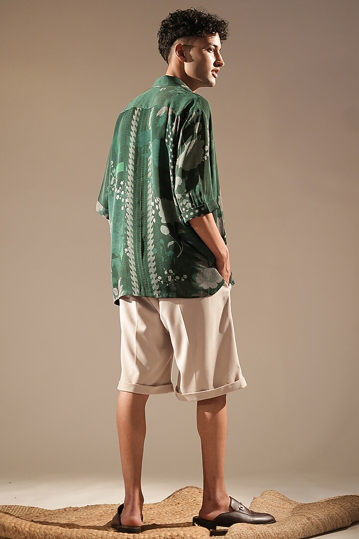 Emerald Green Bamberg Satin Floral Printed Wedding Shirt by Nikita Mhaisalkar Men at Pernia's Pop Up Shop