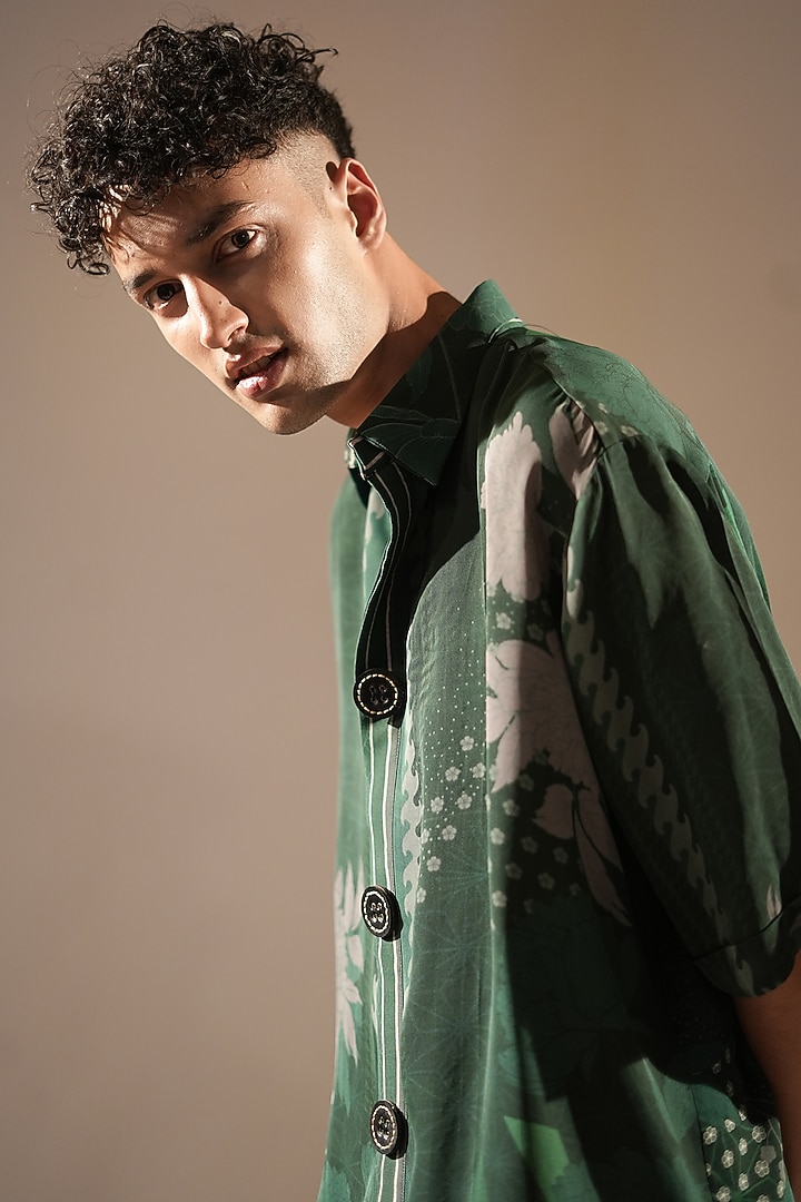 Emerald Green Bamberg Satin Floral Printed Wedding Shirt by Nikita Mhaisalkar Men at Pernia's Pop Up Shop