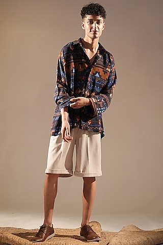 Midnight Blue Double Georgette Printed Shirt by Nikita Mhaisalkar Men
