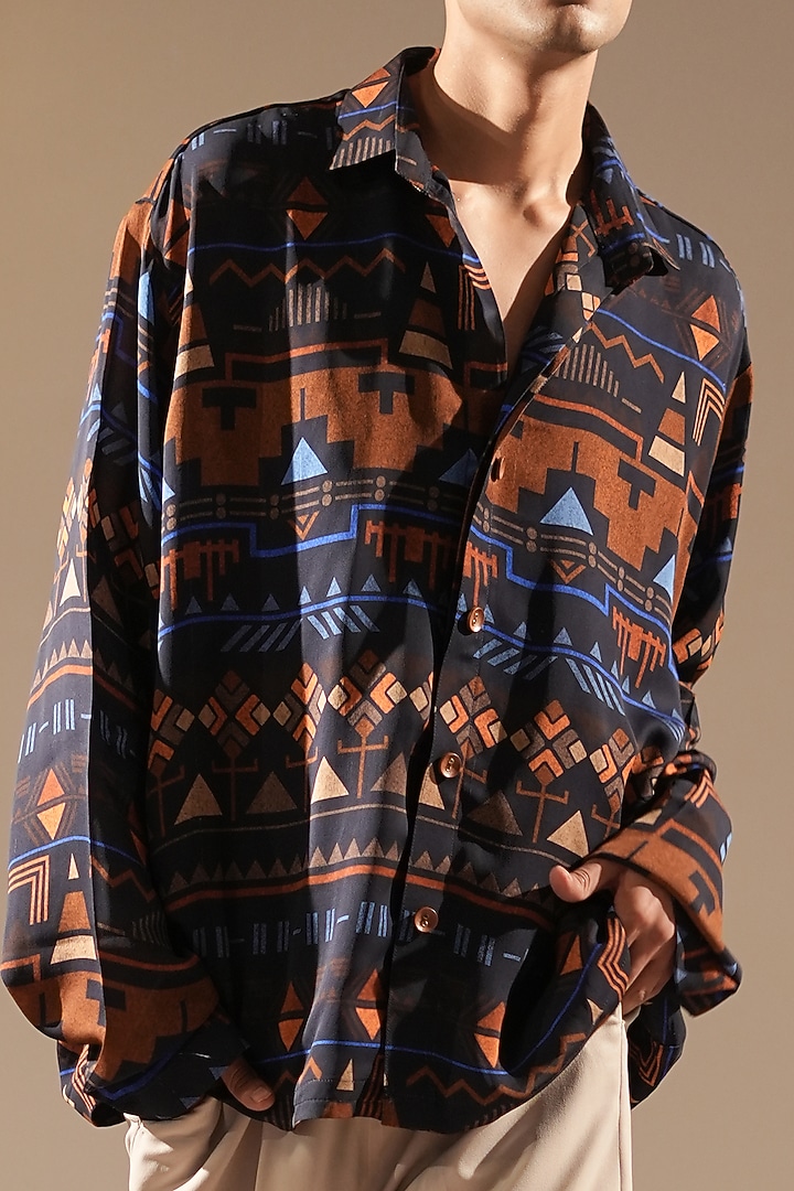 Midnight Blue Double Georgette Printed Wedding Shirt by Nikita Mhaisalkar Men at Pernia's Pop Up Shop