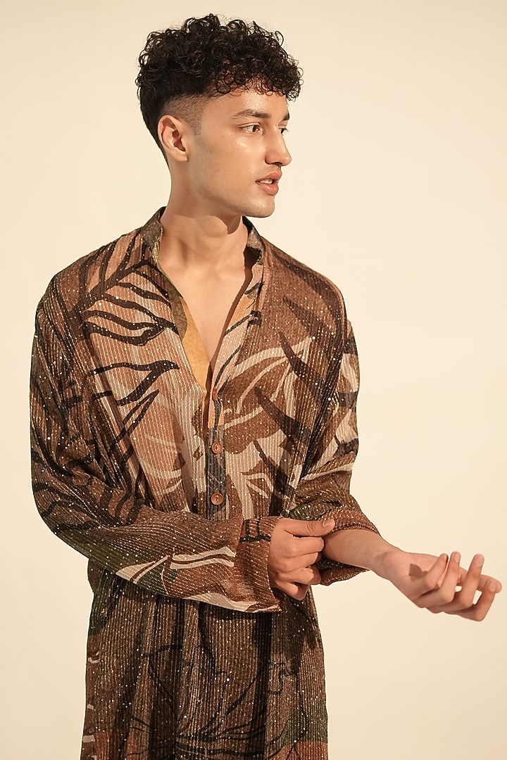Brown Sequins Pure Georgette Printed kurta by Nikita Mhaisalkar Men at Pernia's Pop Up Shop