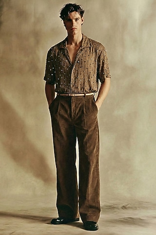 Fawn Pure Silk Crystal Embroidered Shirt by Nikita Mhaisalkar Men