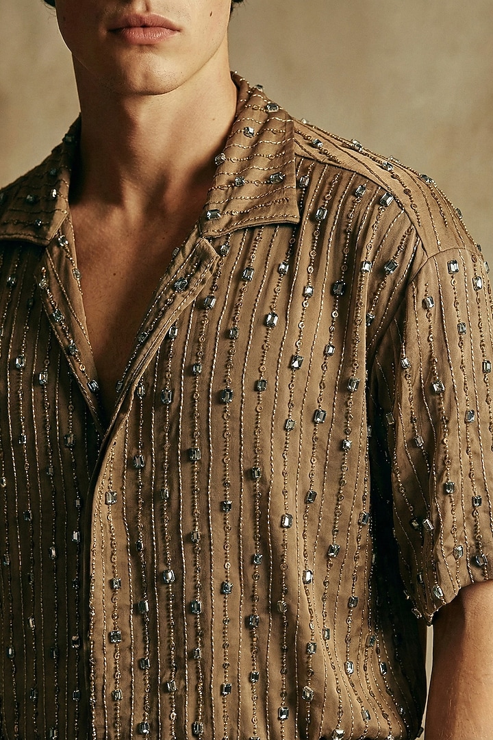 Fawn Pure Silk Crystal Embroidered Wedding Shirt by Nikita Mhaisalkar Men at Pernia's Pop Up Shop