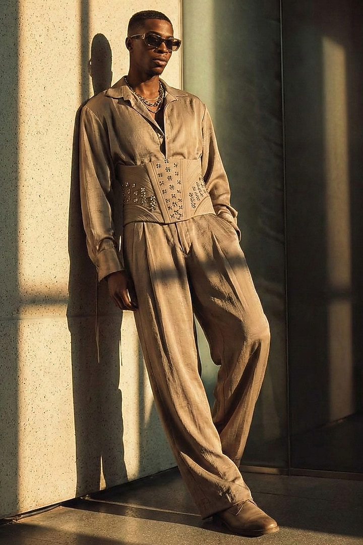 Beige Gold Crushed Silk Co-Ord Set by Nikita Mhaisalkar Men at Pernia's Pop Up Shop