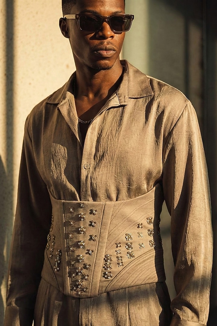 Beige Gold Crushed Silk Co-Ord Set by Nikita Mhaisalkar Men at Pernia's Pop Up Shop