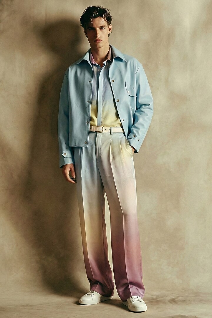 Powder Blue Leather Jacket by Nikita Mhaisalkar Men at Pernia's Pop Up Shop