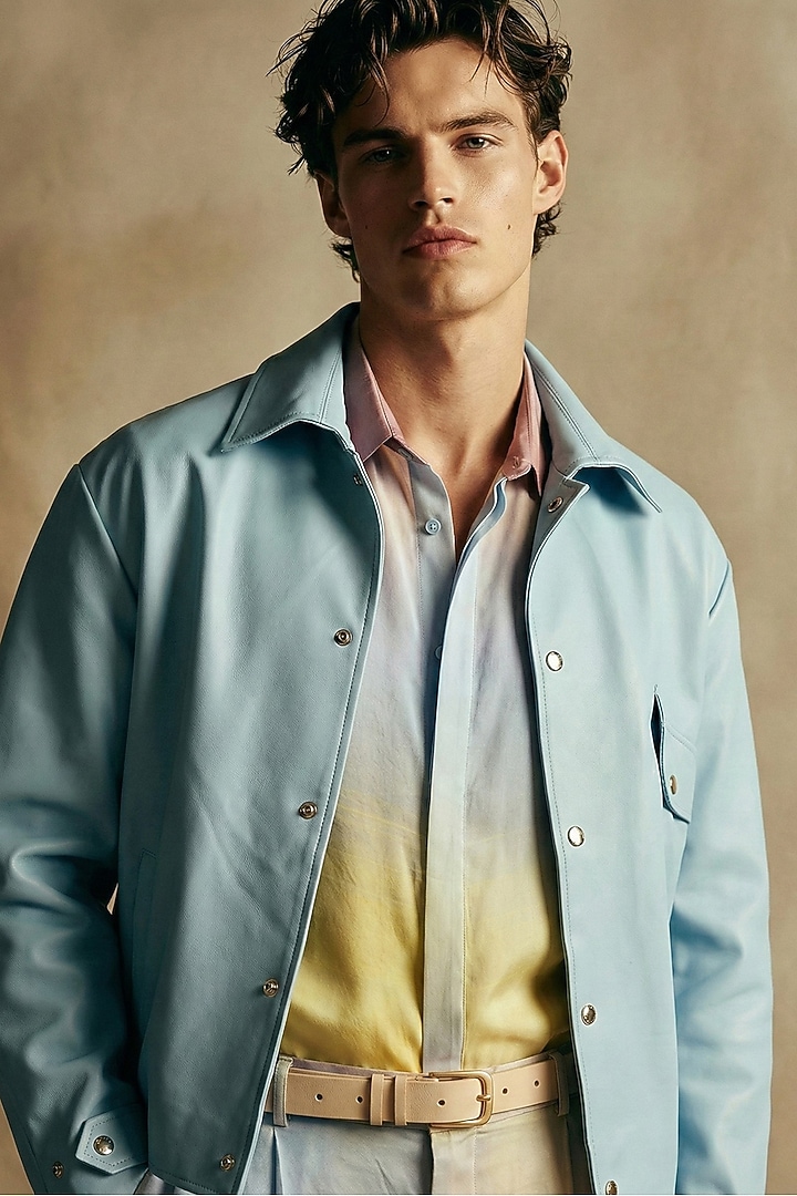 Powder Blue Leather Jacket by Nikita Mhaisalkar Men at Pernia's Pop Up Shop