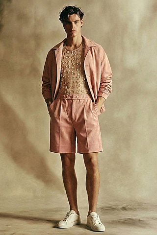 Salmon-Colored Suede Co-Ord Set by Nikita Mhaisalkar Men