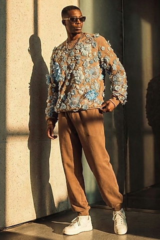 Chocolate Brown Knit Fabric Floral Embroidered Sweatshirt by Nikita Mhaisalkar Men