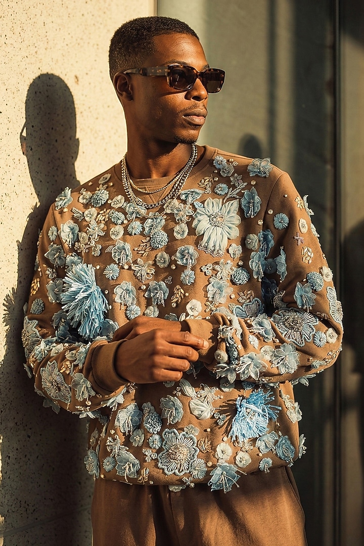 Chocolate Brown Knit Fabric Floral Embroidered Sweatshirt by Nikita Mhaisalkar Men at Pernia's Pop Up Shop