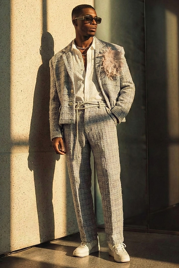 Lavender Tweed Jacket Set by Nikita Mhaisalkar Men at Pernia's Pop Up Shop