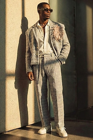 Lavender Tweed Jacket Set by Nikita Mhaisalkar Men