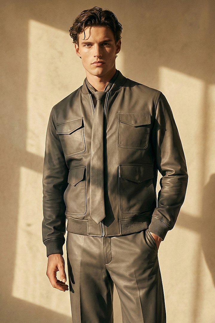 Stone Grey Faux Leather Jacket Set by Nikita Mhaisalkar Men at Pernia's Pop Up Shop