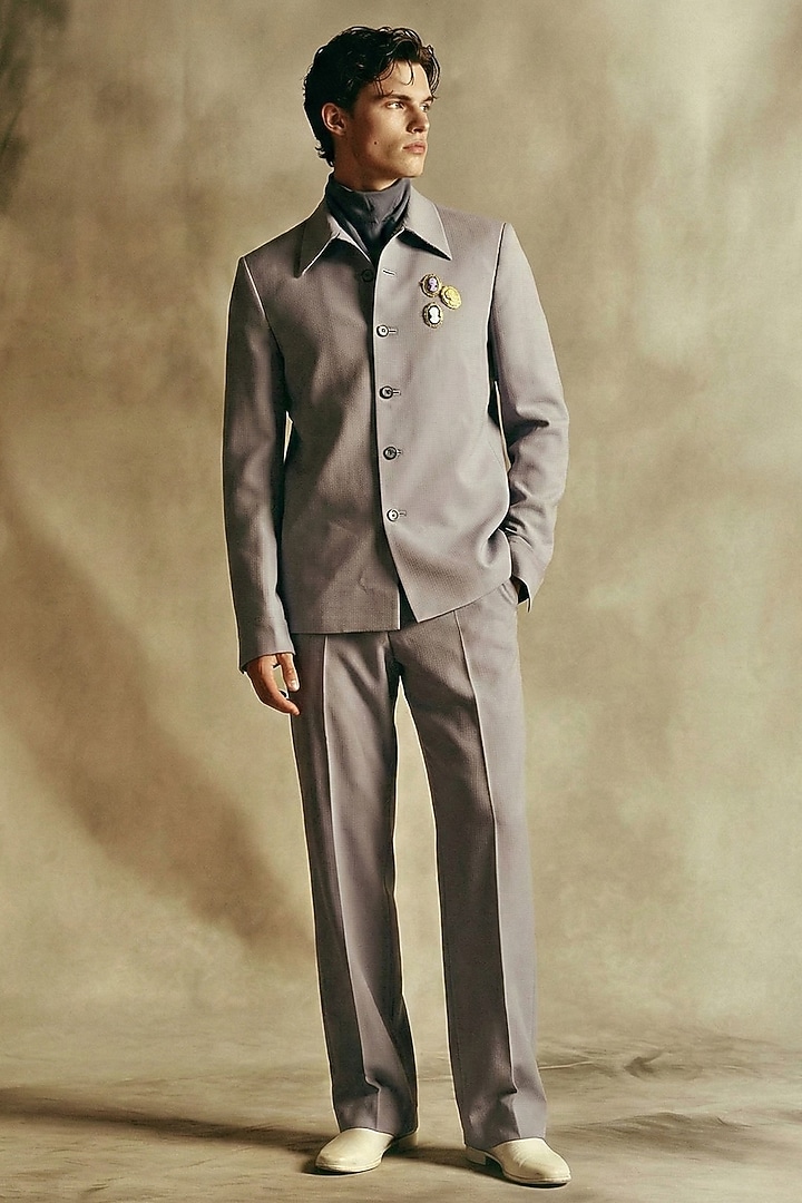 Ash Grey Luxe Suiting Co-Ord Set by Nikita Mhaisalkar Men at Pernia's Pop Up Shop