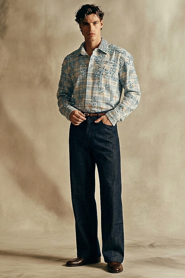 Powder Blue Sequins Georgette Embellished Wedding Shirt by Nikita Mhaisalkar Men at Pernia's Pop Up Shop