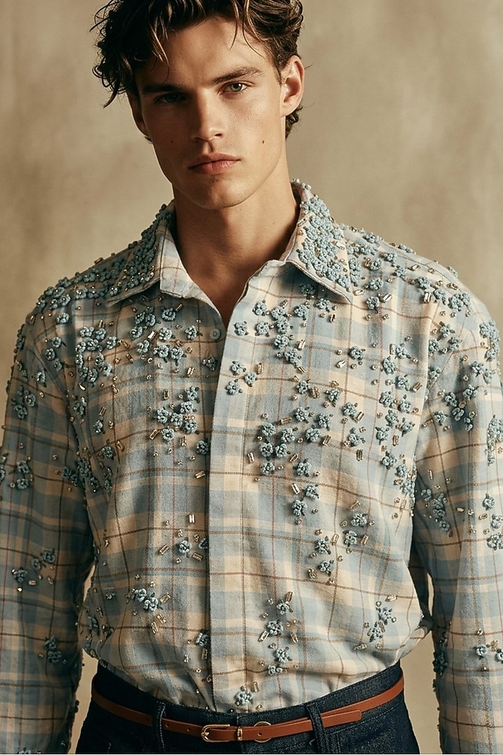 Powder Blue Sequins Georgette Embellished Wedding Shirt by Nikita Mhaisalkar Men at Pernia's Pop Up Shop