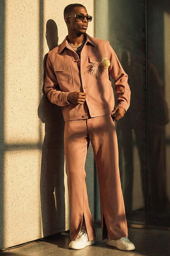Salmon-Colored Luxe Suiting Co-Ord Set by Nikita Mhaisalkar Men at Pernia's Pop Up Shop