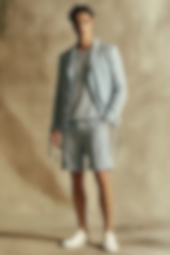 Powder Blue Luxe Suiting Blazer Set by Nikita Mhaisalkar Men at Pernia's Pop Up Shop