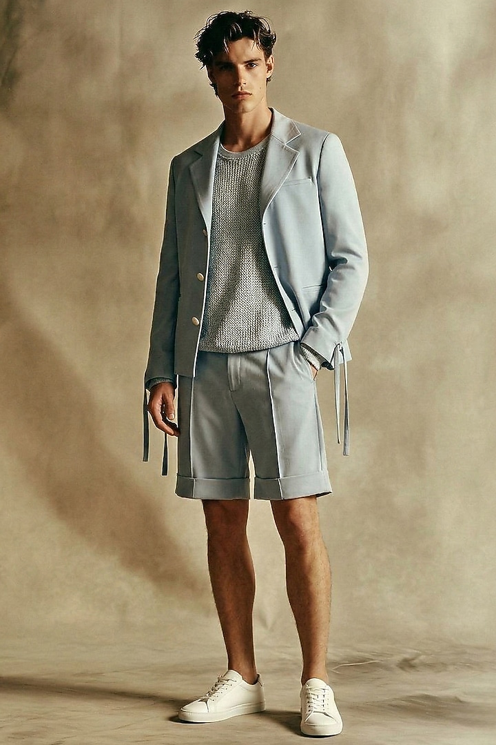 Powder Blue Luxe Suiting Blazer Set by Nikita Mhaisalkar Men at Pernia's Pop Up Shop