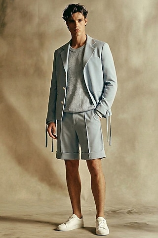 Powder Blue Luxe Suiting Blazer Set by Nikita Mhaisalkar Men