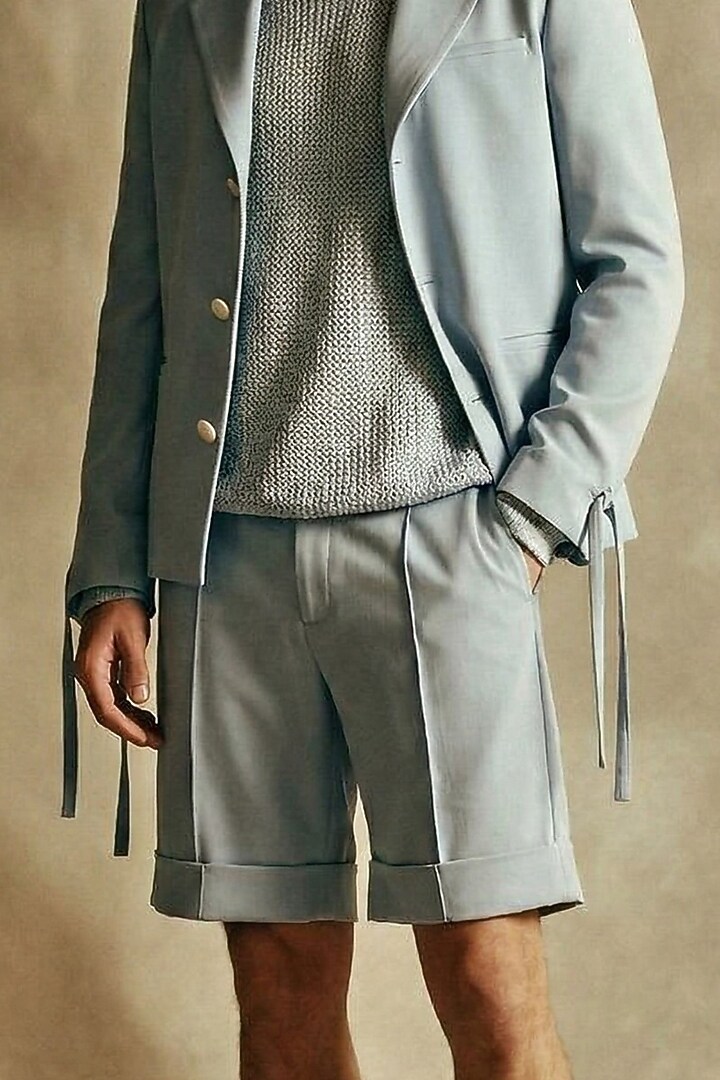 Powder Blue Luxe Suiting Blazer Set by Nikita Mhaisalkar Men at Pernia's Pop Up Shop