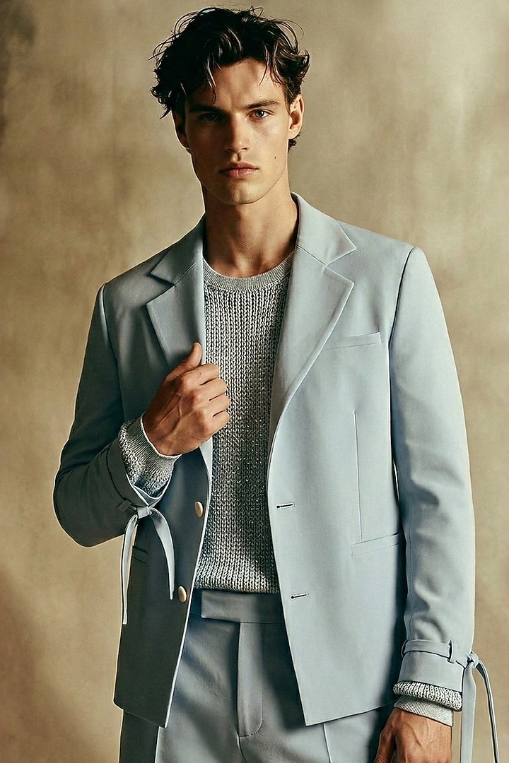 Powder Blue Luxe Suiting Blazer Set by Nikita Mhaisalkar Men at Pernia's Pop Up Shop