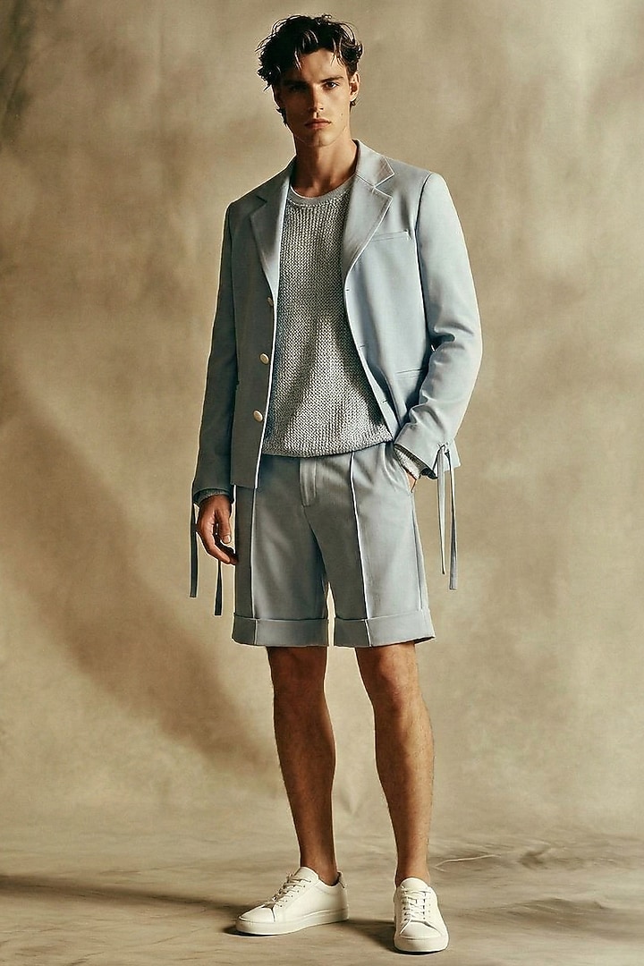 Powder Blue Zari Knit Sweater by Nikita Mhaisalkar Men at Pernia's Pop Up Shop