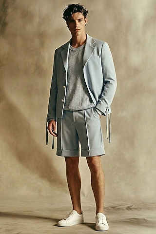 Powder Blue Zari Knit Sweater by Nikita Mhaisalkar Men