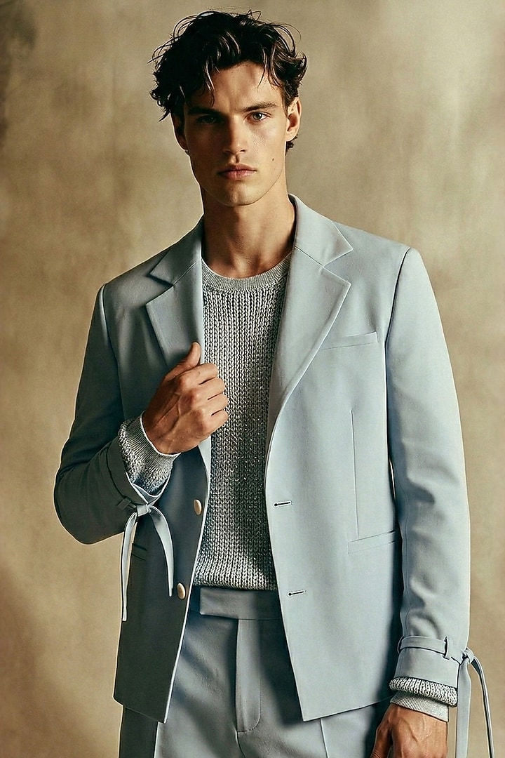 Powder Blue Zari Knit Sweater by Nikita Mhaisalkar Men at Pernia's Pop Up Shop