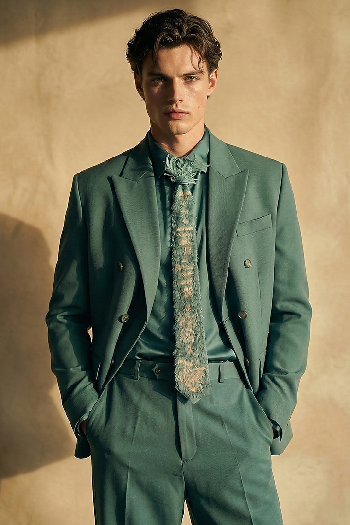Smoke Green Luxe Suiting Blazer Set by Nikita Mhaisalkar Men at Pernia's Pop Up Shop