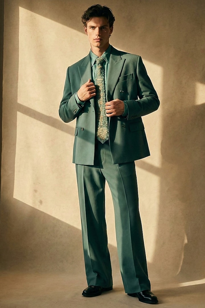 Smoke Green Pure Silk Wedding Shirt by Nikita Mhaisalkar Men at Pernia's Pop Up Shop