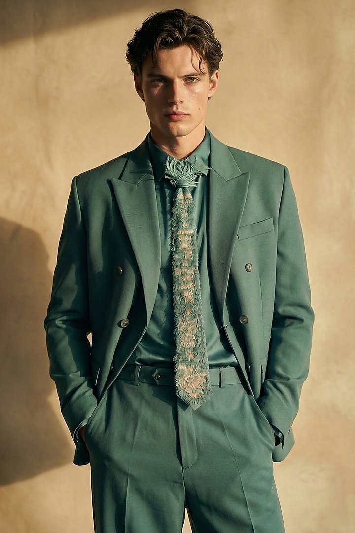 Smoke Green Pure Silk Wedding Shirt by Nikita Mhaisalkar Men at Pernia's Pop Up Shop