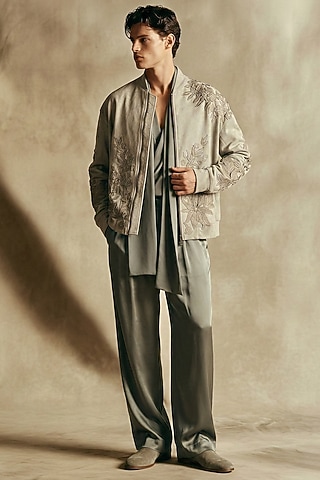 Room Green Suede Bomber Jacket by Nikita Mhaisalkar Men