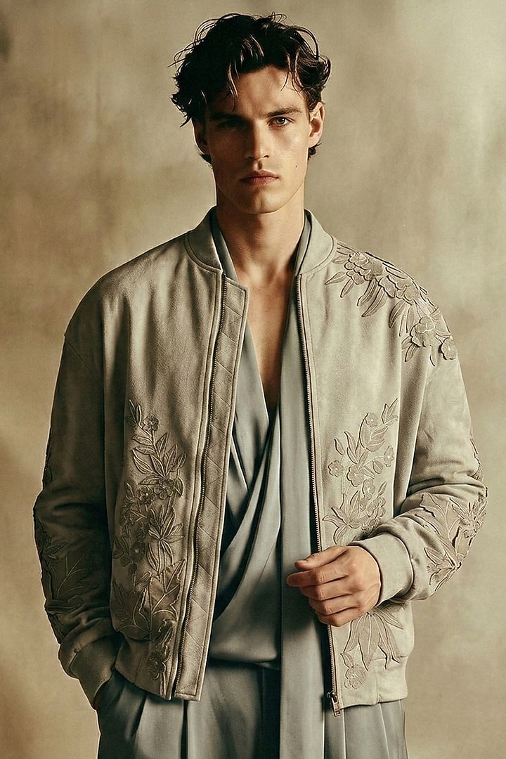 Room Green Suede Bomber Jacket by Nikita Mhaisalkar Men at Pernia's Pop Up Shop