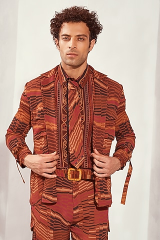 Tangerine Double Georgette Printed Jacket  by Nikita Mhaisalkar Men
