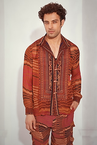 Tangerine Double Georgette Printed Shirt by Nikita Mhaisalkar Men