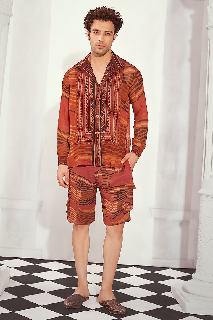 Tangerine Double Georgette Printed Wedding Shirt by Nikita Mhaisalkar Men at Pernia's Pop Up Shop