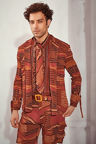 Tangerine Georgette Printed Tie by Nikita Mhaisalkar Men