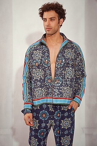 Blue Sheeted Georgette Printed Bomber Jacket by Nikita Mhaisalkar Men