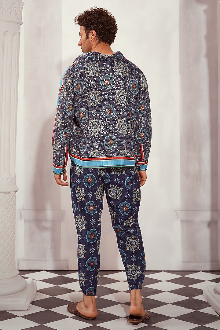 Blue Sheeted Georgette Printed Bomber Jacket by Nikita Mhaisalkar Men at Pernia's Pop Up Shop