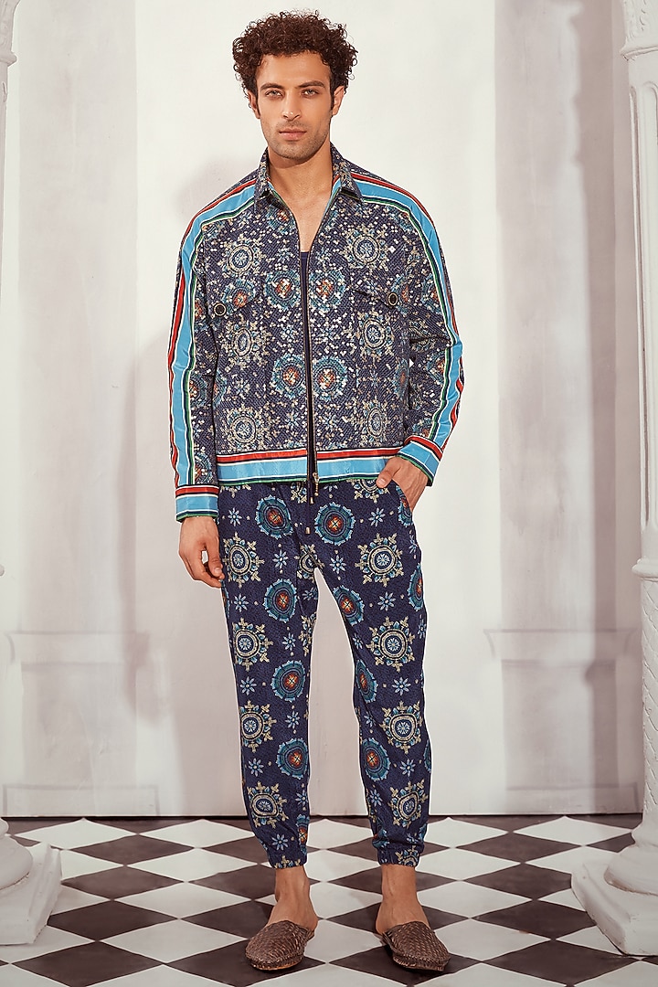 Blue Sheeted Georgette Printed Bomber Jacket by Nikita Mhaisalkar Men at Pernia's Pop Up Shop