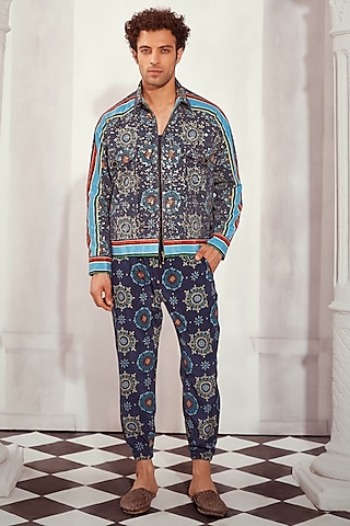Blue Silk Crepe Printed Joggers by Nikita Mhaisalkar Men