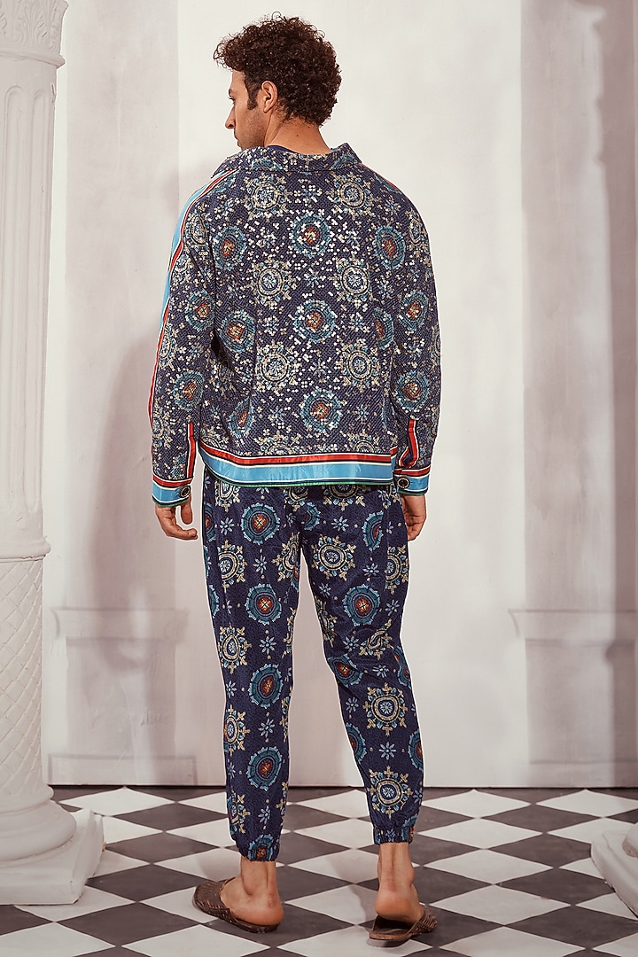 Blue Silk Crepe Printed Joggers by Nikita Mhaisalkar Men at Pernia's Pop Up Shop