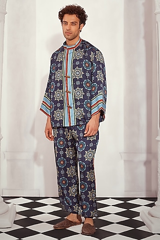 Blue Silk Satin Printed Co-Ord Set by Nikita Mhaisalkar Men