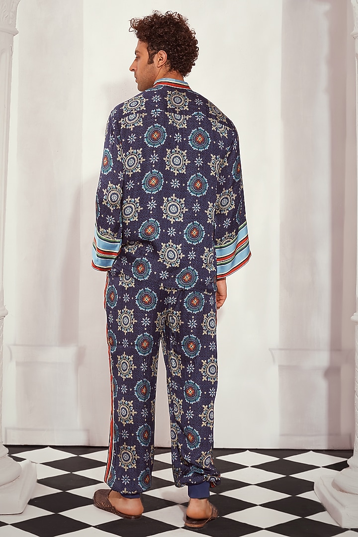 Blue Silk Satin Printed Co-Ord Set by Nikita Mhaisalkar Men at Pernia's Pop Up Shop
