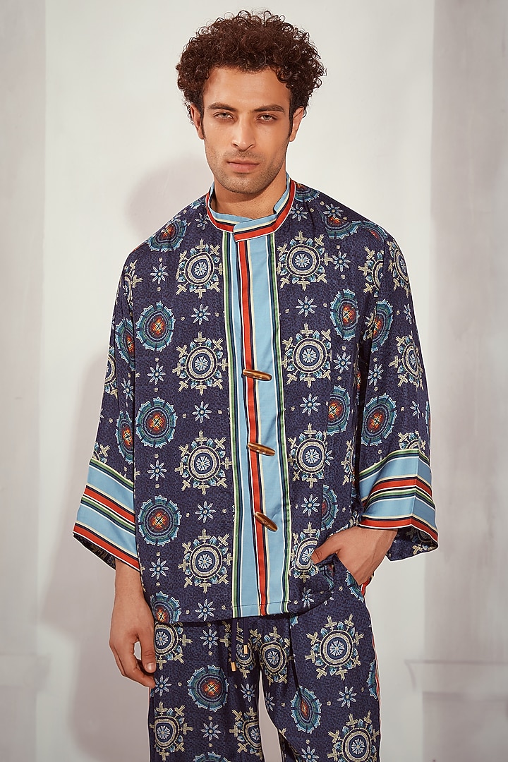 Blue Silk Satin Printed Co-Ord Set by Nikita Mhaisalkar Men at Pernia's Pop Up Shop