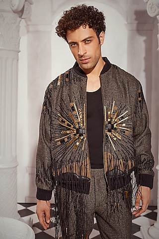 Grey Tweed Baroque Embroidered Bomber Jacket by Nikita Mhaisalkar Men