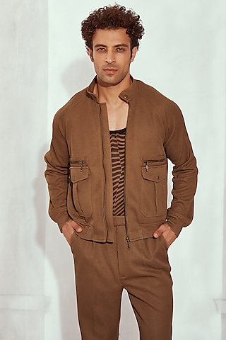 Brown Cotton Knit Jacket by Nikita Mhaisalkar Men