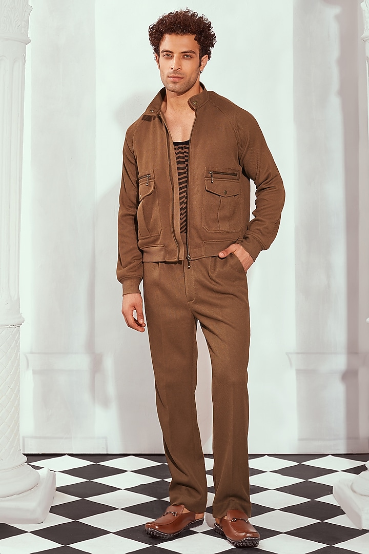 Brown Cotton Knit Jacket by Nikita Mhaisalkar Men at Pernia's Pop Up Shop