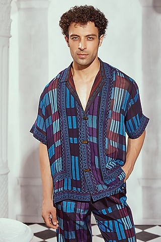 Blue Double Georgette Printed Shirt by Nikita Mhaisalkar Men